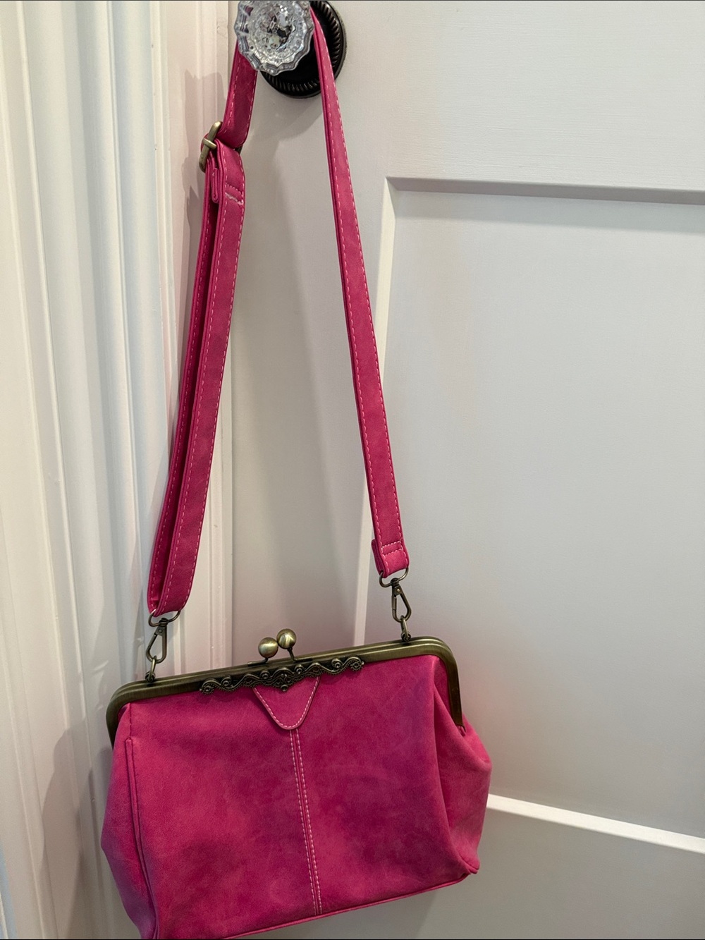 Fuchsia Suede Frame-Top Crossbody Bag - Unbranded